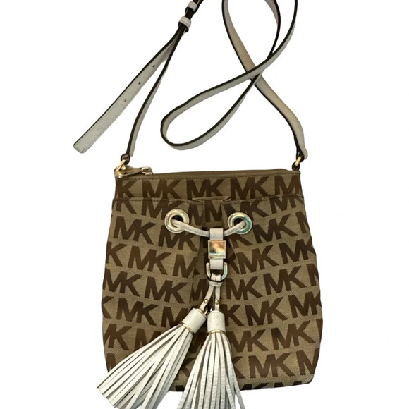 Michael Kors Monogram Drawstring Bucket Brown Mini WithTassel Crossbody Bag - Picture 1 of 14